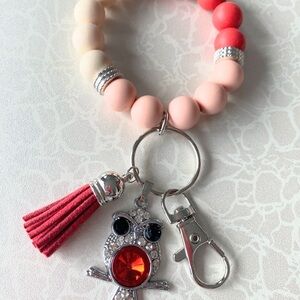 Chic Pink and Red Beaded Keychain wristlet bracelet with Tassel